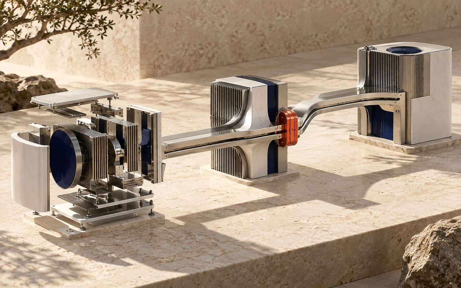 Three connected architectural modules: an open build, a controlled integration and a completed operating structure.