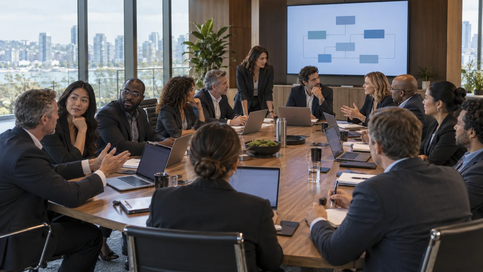 Illustrative executive team working with laptops around a long table, with a workflow diagram on a wall screen.