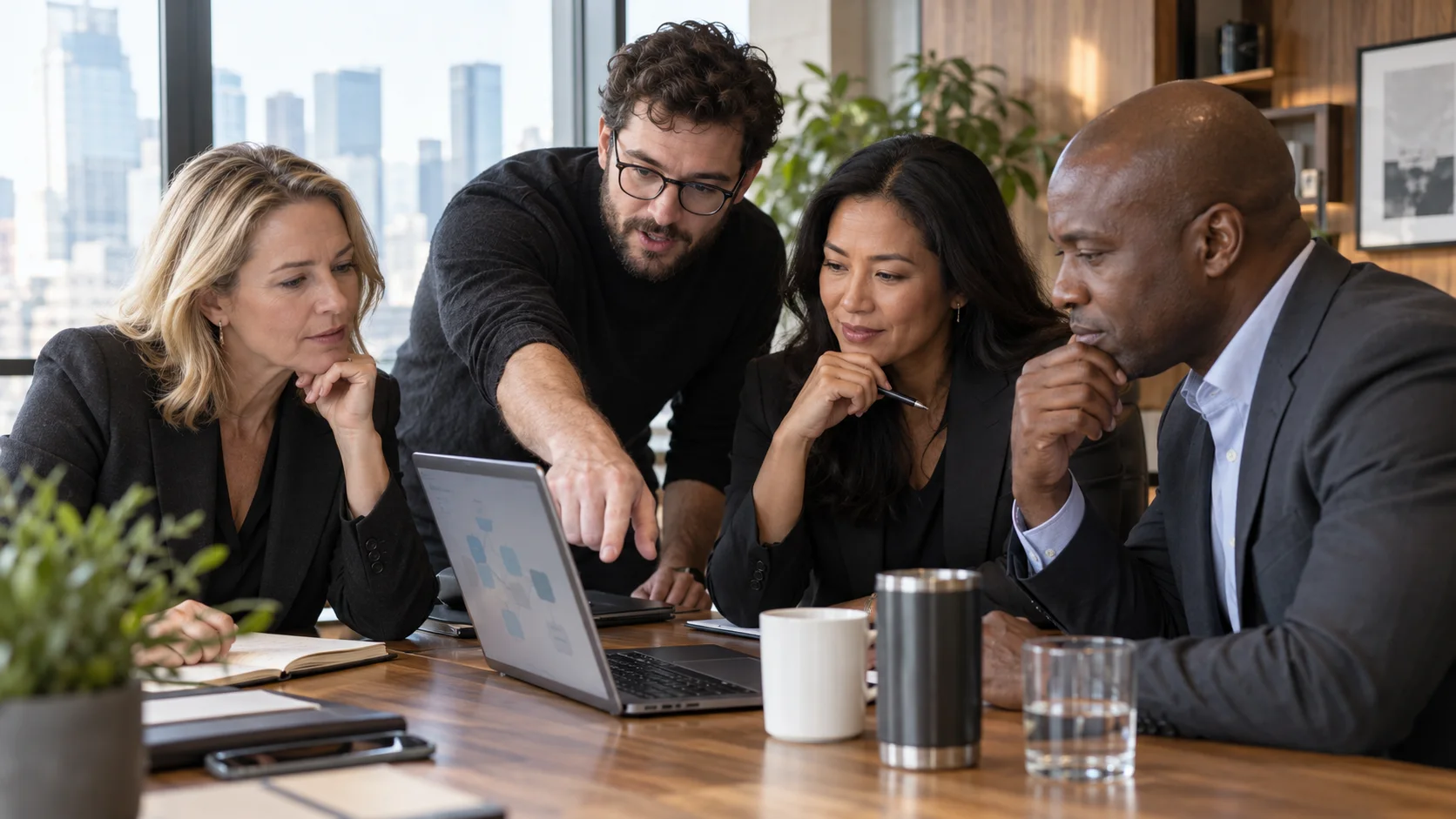 Illustrative executive-led pod of three people working with an engineer at a laptop.