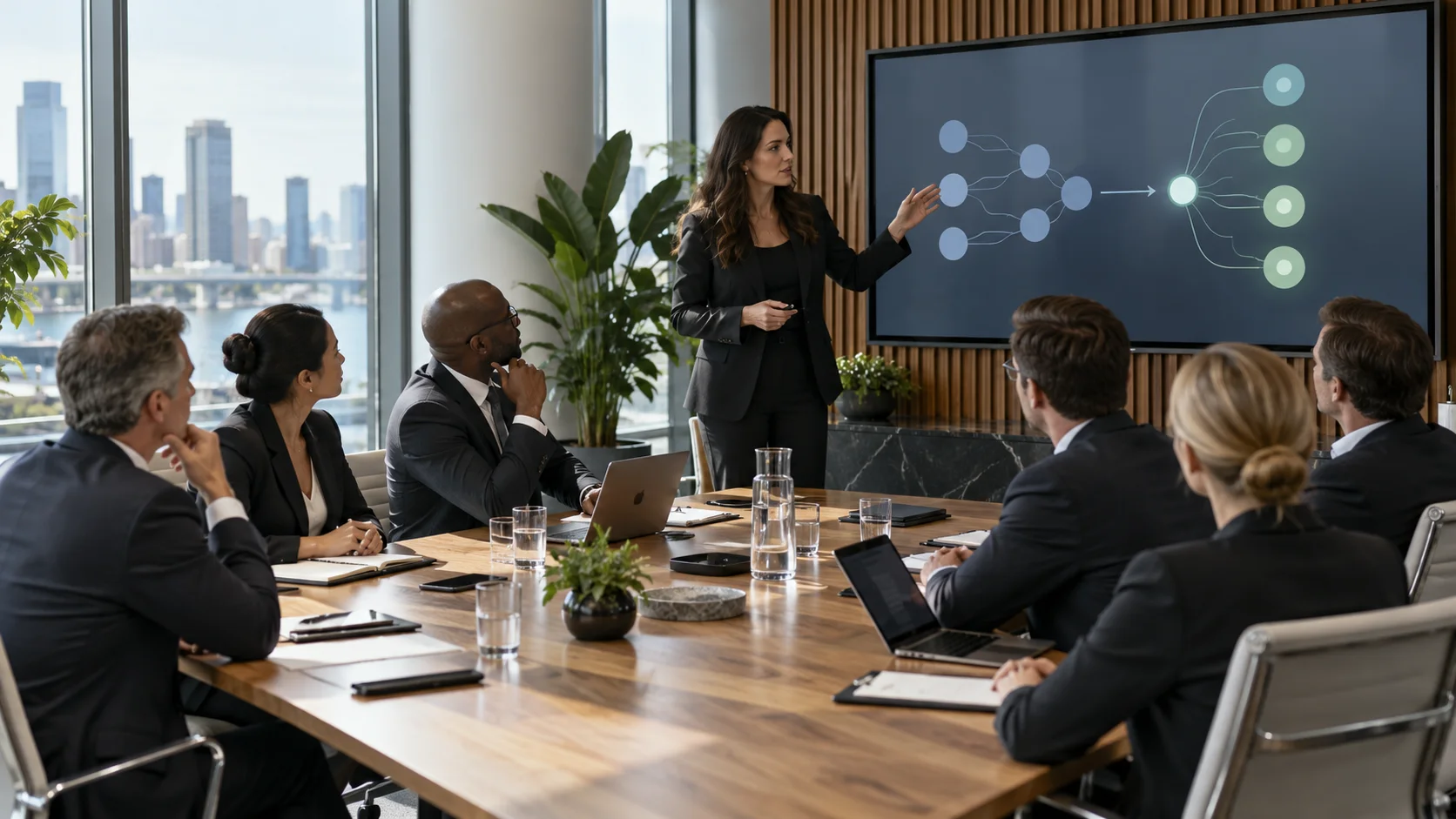 Illustrative business owner presenting a workflow to an executive group in a boardroom.