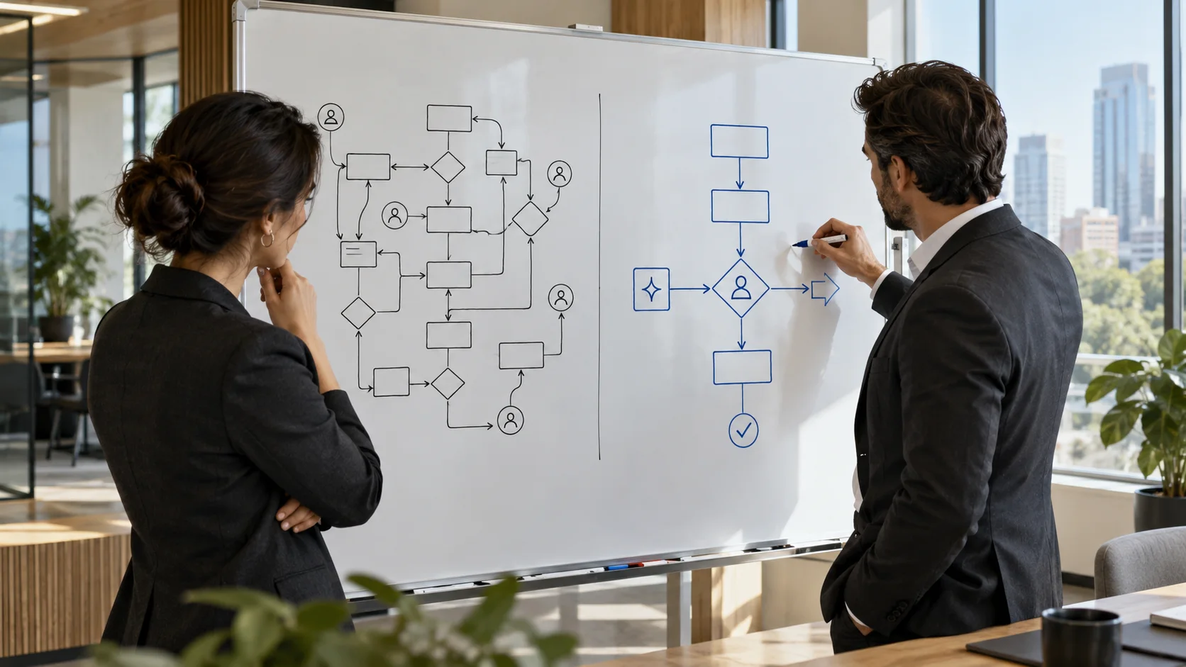 Illustrative whiteboard showing a before-and-after workflow with simple shapes and arrows.